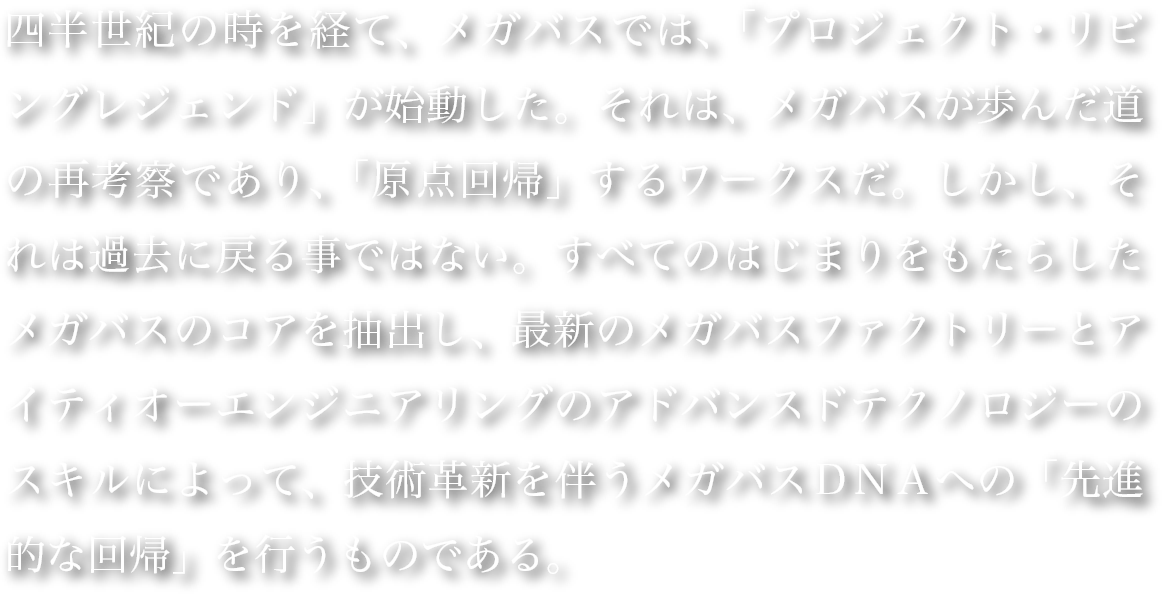 四半世紀の時を経て、メガバスでは、「プロジェクト・リビングレジェンド」が始動した。それは、メガバスが歩んだ道の再考察であり、「原点回帰」するワークスだ。しかし、それは過去に戻る事ではない。すべてのはじまりをもたらしたメガバスのコアを抽出し、最新のメガバスファクトリーとアイティオーエンジニアリングのアドバンスドテクノロジーのスキルによって、技術革新を伴うメガバスＤＮＡへの「先進的な回帰」を行うものである。